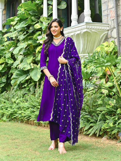 Purple Embroidered Kurta With Palazzo And Organza Dupatta