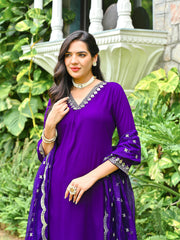 Purple Embroidered Kurta With Palazzo And Organza Dupatta