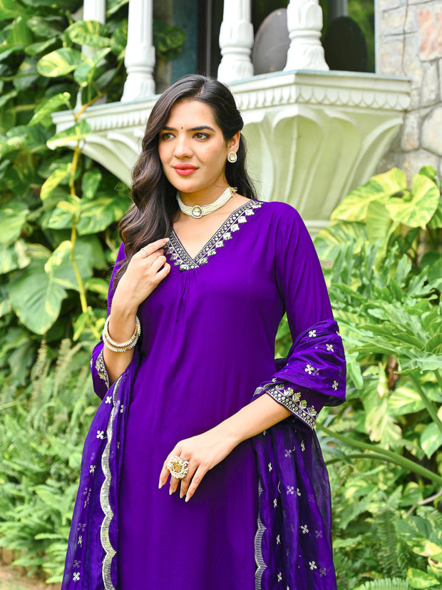 Purple Embroidered Kurta With Palazzo And Organza Dupatta