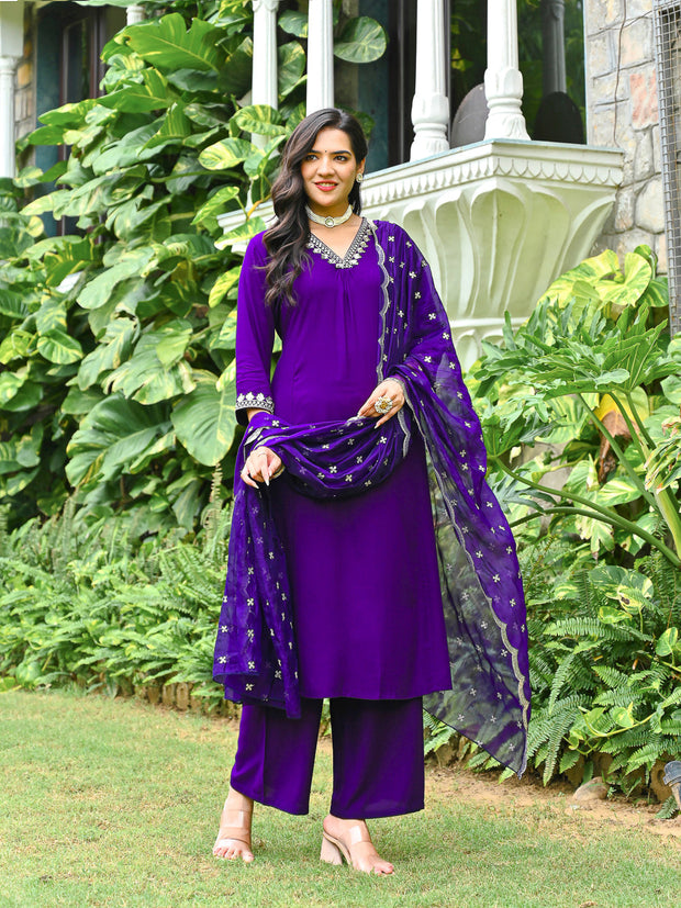 Purple Embroidered Kurta With Palazzo And Organza Dupatta