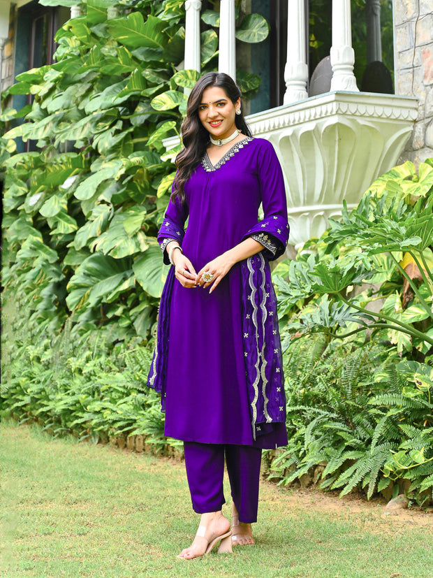 Purple Embroidered Kurta With Palazzo And Organza Dupatta