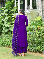 Purple Embroidered Kurta With Palazzo And Organza Dupatta