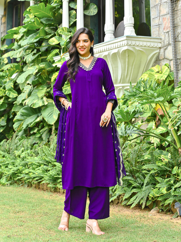 Purple Embroidered Kurta With Palazzo And Organza Dupatta