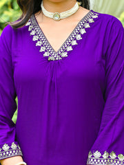 Purple Embroidered Kurta With Palazzo And Organza Dupatta
