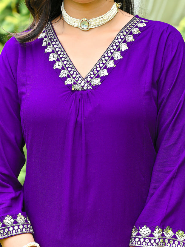 Purple Embroidered Kurta With Palazzo And Organza Dupatta