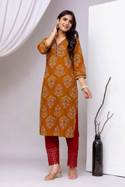 Mustard Printed Straight Kurta with Three Quarter Sleeves