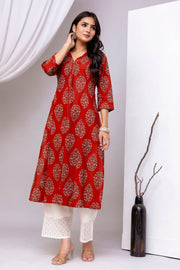 Maroon Printed Straight Kurta with Three Quarter Sleeves