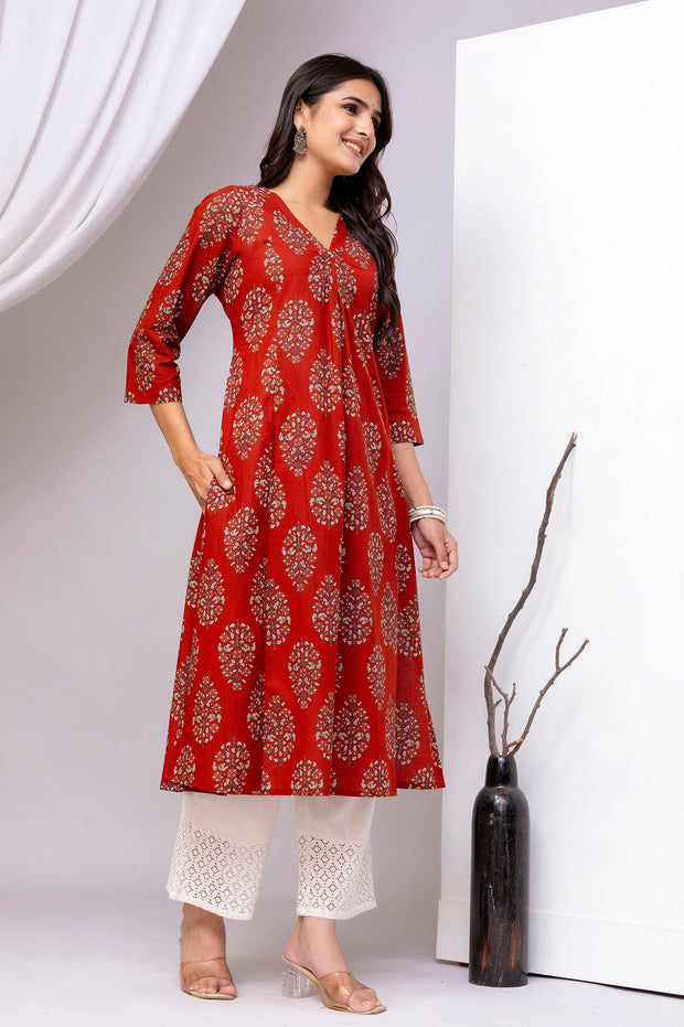 Maroon Printed Straight Kurta with Three Quarter Sleeves