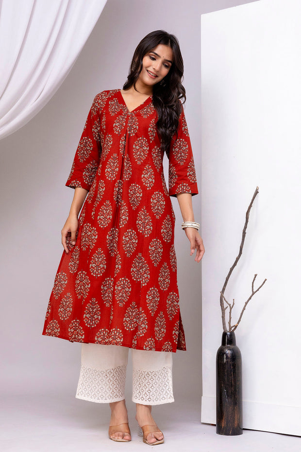 Maroon Printed Straight Kurta with Three Quarter Sleeves