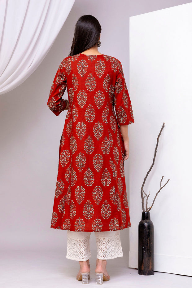 Maroon Printed Straight Kurta with Three Quarter Sleeves