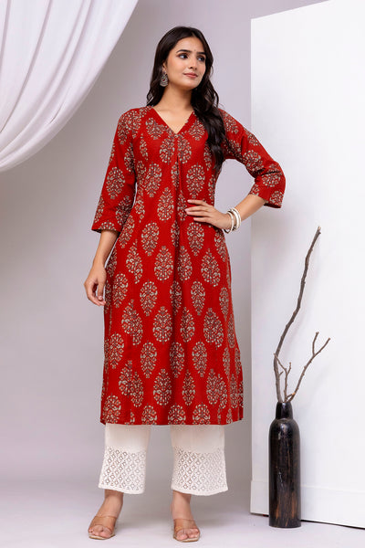 Maroon Printed Straight Kurta with Three Quarter Sleeves