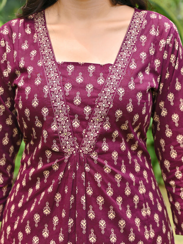 Wine Printed Straight Kurta & Palazzo With Dupatta for Women