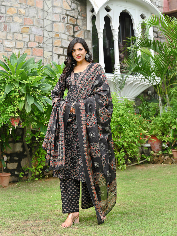 Black Printed Straight Kurta & Palazzo With Dupatta for Women