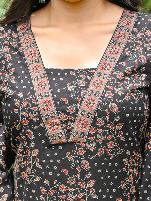 Black Printed Straight Kurta & Palazzo With Dupatta for Women