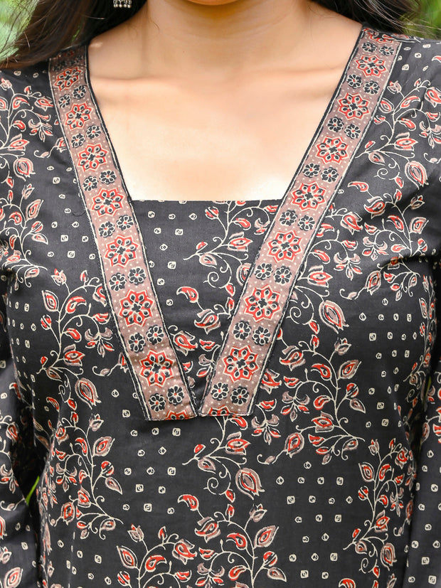 Black Printed Straight Kurta & Palazzo With Dupatta for Women