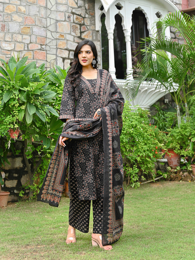 Black Printed Straight Kurta & Palazzo With Dupatta for Women