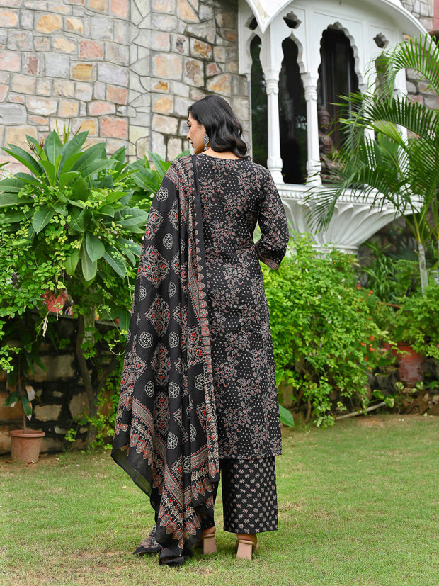 Black Printed Straight Kurta & Palazzo With Dupatta for Women