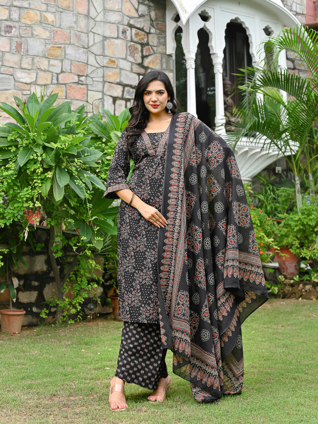 Black Printed Straight Kurta & Palazzo With Dupatta for Women