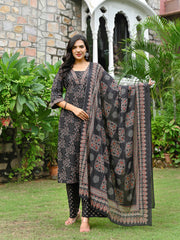 Black Printed Straight Kurta & Palazzo With Dupatta for Women