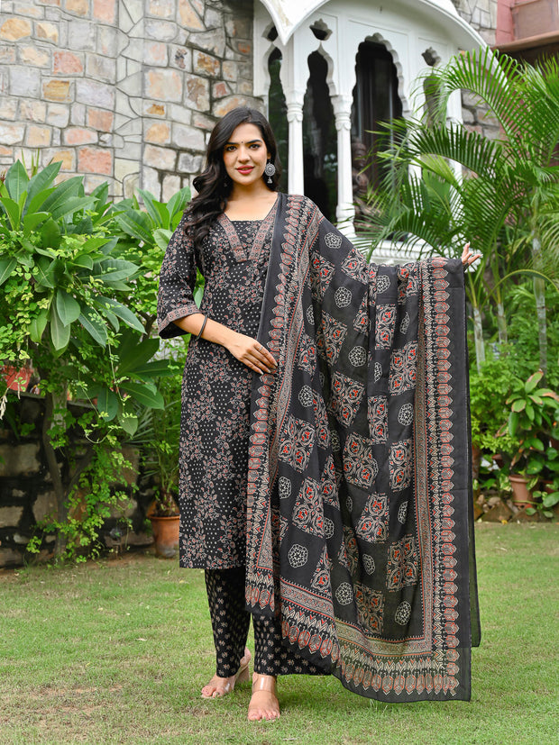 Black Printed Straight Kurta & Palazzo With Dupatta for Women