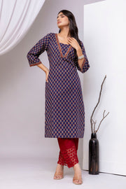 Blue Printed Straight Kurta with Three Quarter Sleeves