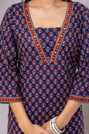 Blue Printed Straight Kurta with Three Quarter Sleeves