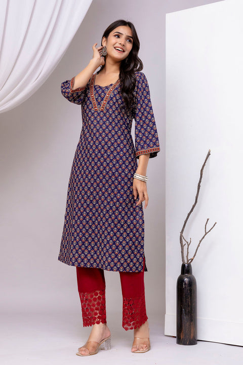 Blue Printed Straight Kurta with Three Quarter Sleeves