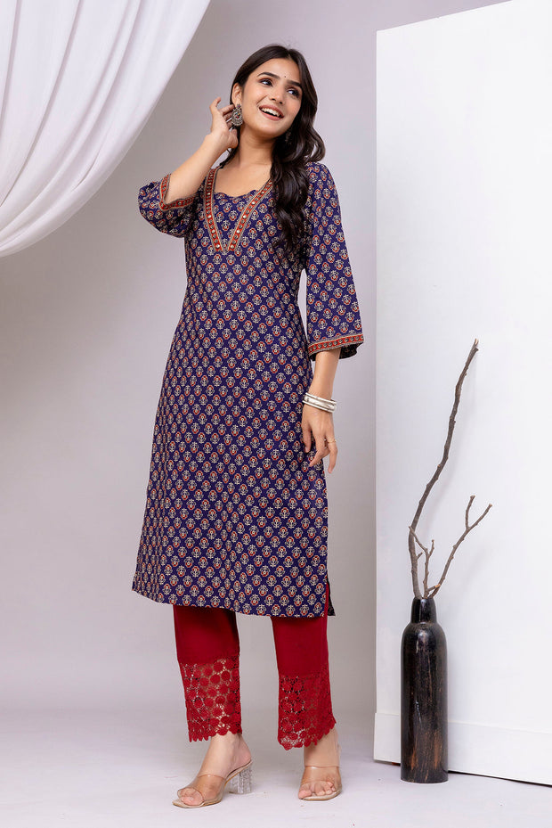 Blue Printed Straight Kurta with Three Quarter Sleeves