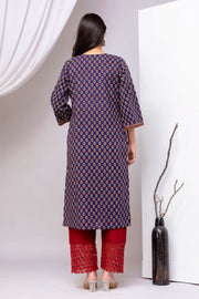 Blue Printed Straight Kurta with Three Quarter Sleeves