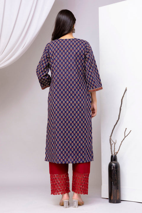 Blue Printed Straight Kurta with Three Quarter Sleeves