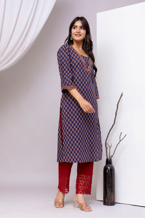 Blue Printed Straight Kurta with Three Quarter Sleeves