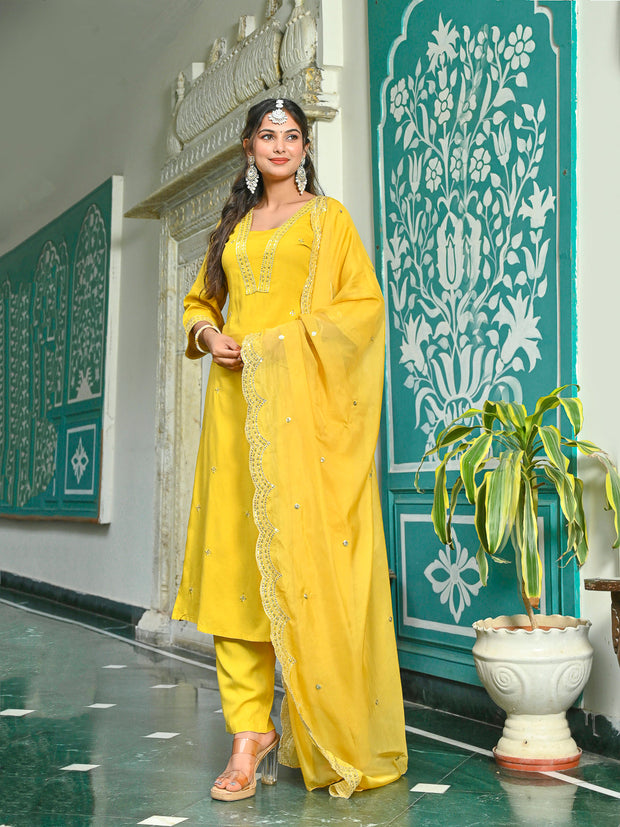 Yellow Embroidered Kurta With Palazzo And Organza Dupatta