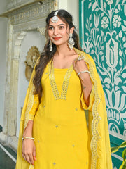 Yellow Embroidered Kurta With Palazzo And Organza Dupatta