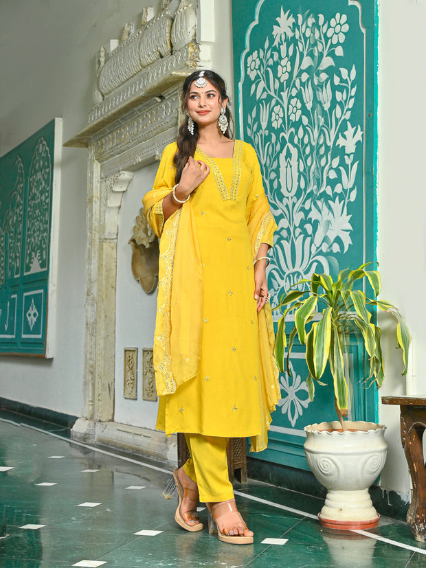 Yellow Embroidered Kurta With Palazzo And Organza Dupatta