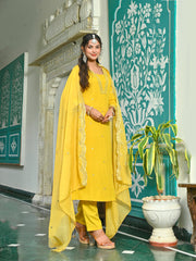Yellow Embroidered Kurta With Palazzo And Organza Dupatta