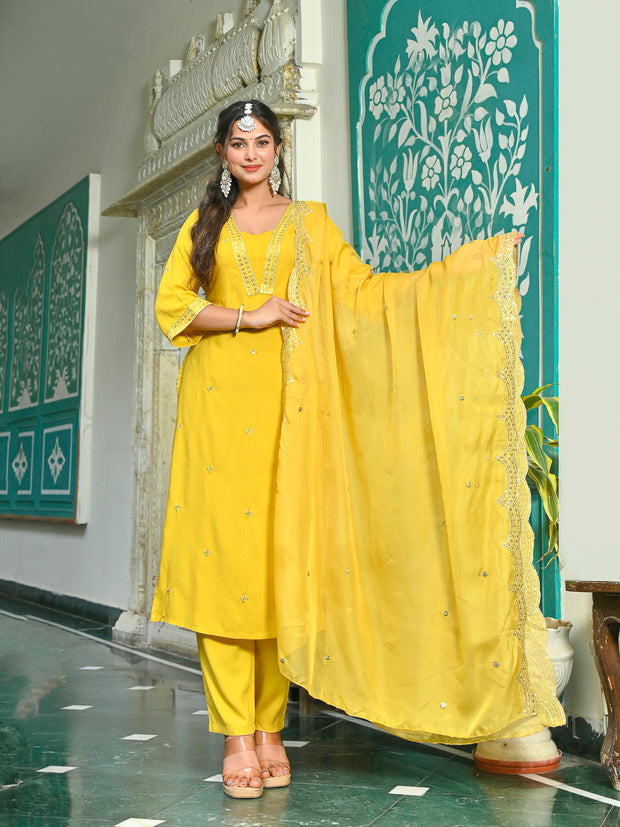 Yellow Embroidered Kurta With Palazzo And Organza Dupatta