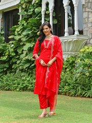 Red Embroidered Kurta With Palazzo And Organza Dupatta