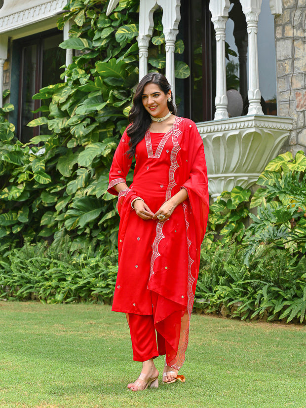 Red Embroidered Kurta With Palazzo And Organza Dupatta