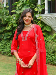 Red Embroidered Kurta With Palazzo And Organza Dupatta