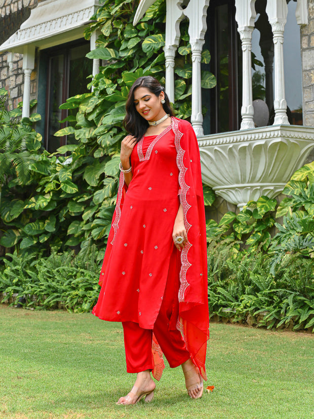 Red Embroidered Kurta With Palazzo And Organza Dupatta