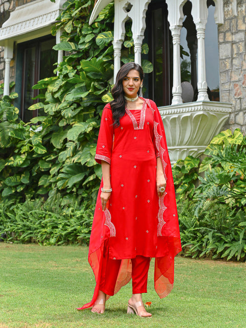 Red Embroidered Kurta With Palazzo And Organza Dupatta