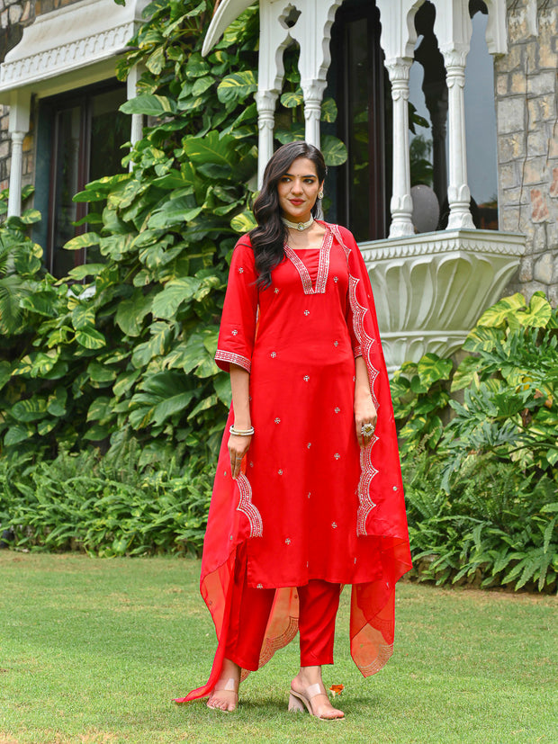 Red Embroidered Kurta With Palazzo And Organza Dupatta