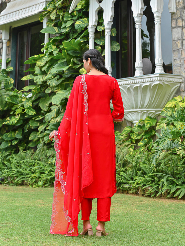 Red Embroidered Kurta With Palazzo And Organza Dupatta