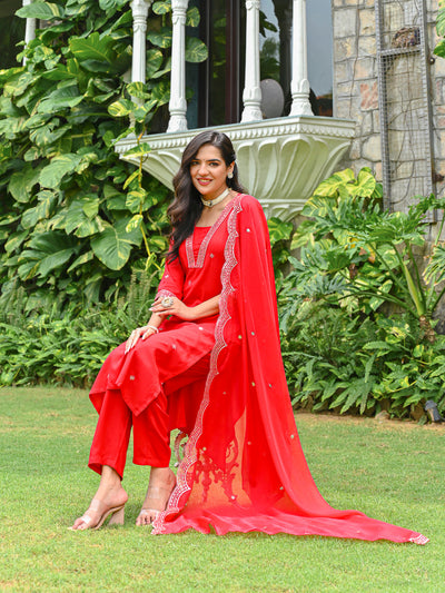 Red Embroidered Kurta With Palazzo And Organza Dupatta