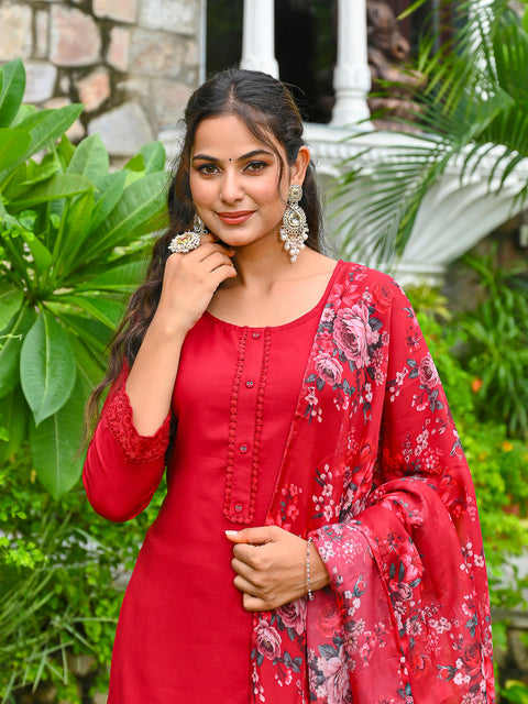 Maroon Solid Straight Kurta Set With Printed Dupatta for Women