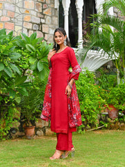 Maroon Solid Straight Kurta Set With Printed Dupatta for Women