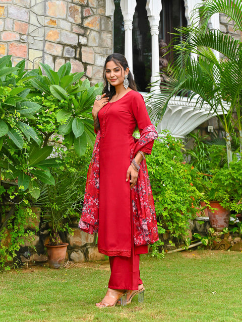 Maroon Solid Straight Kurta Set With Printed Dupatta for Women