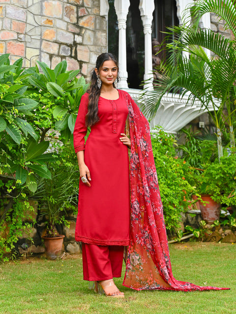 Maroon Solid Straight Kurta Set With Printed Dupatta for Women