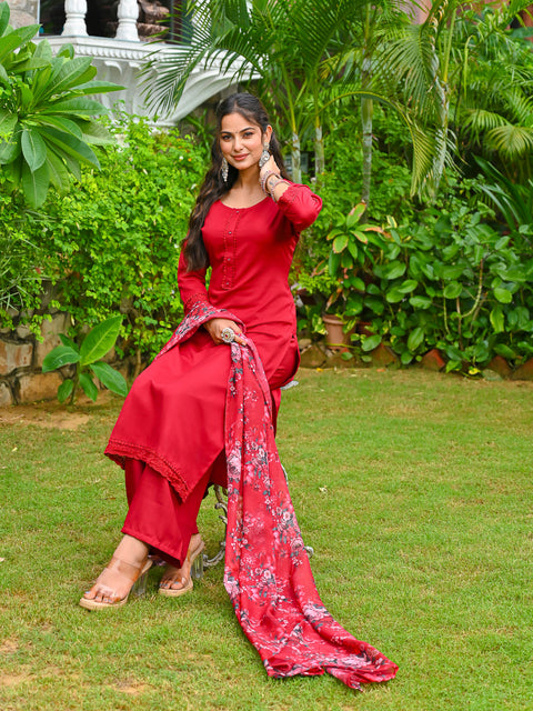 Maroon Solid Straight Kurta Set With Printed Dupatta for Women
