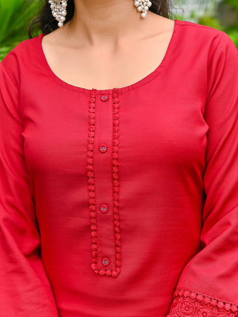 Maroon Solid Straight Kurta Set With Printed Dupatta for Women